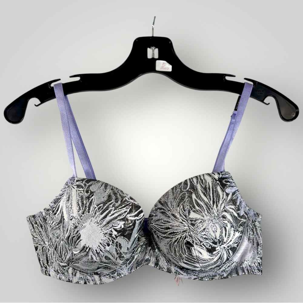 Victoria's Secret Bra 32C Dream Angels Lined Demi Purple Silver Metallic NEW